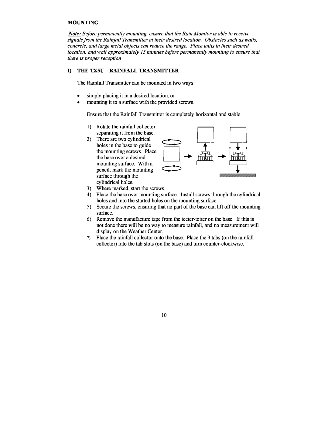La Crosse Technology WS-7038U instruction manual Mounting, I THE TX5U-RAINFALL TRANSMITTER 