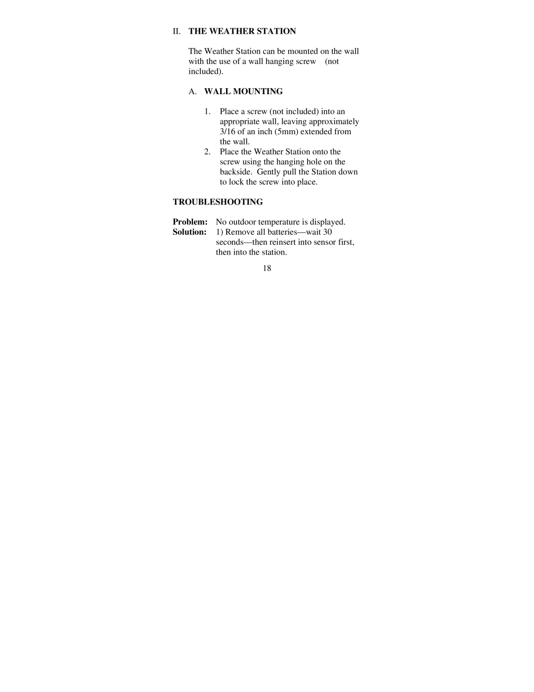 La Crosse Technology WS-7044U instruction manual II. the Weather Station, Wall Mounting, Troubleshooting 