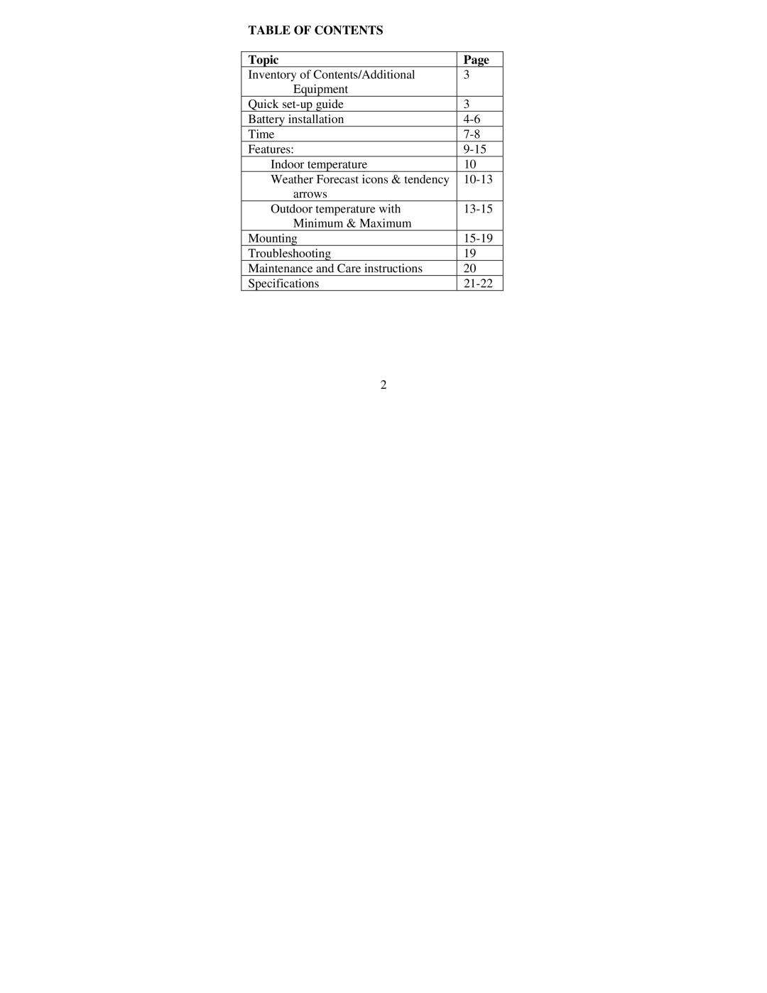 La Crosse Technology WS-7044U instruction manual Table of Contents 