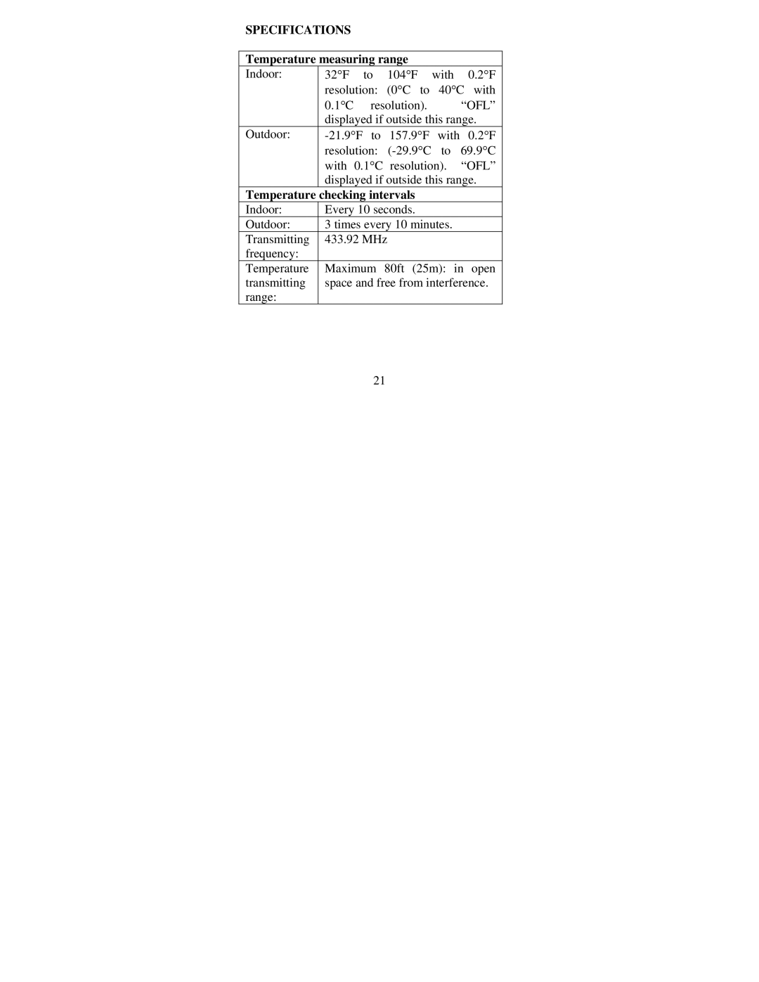 La Crosse Technology WS-7044U instruction manual Specifications, Temperature measuring range 