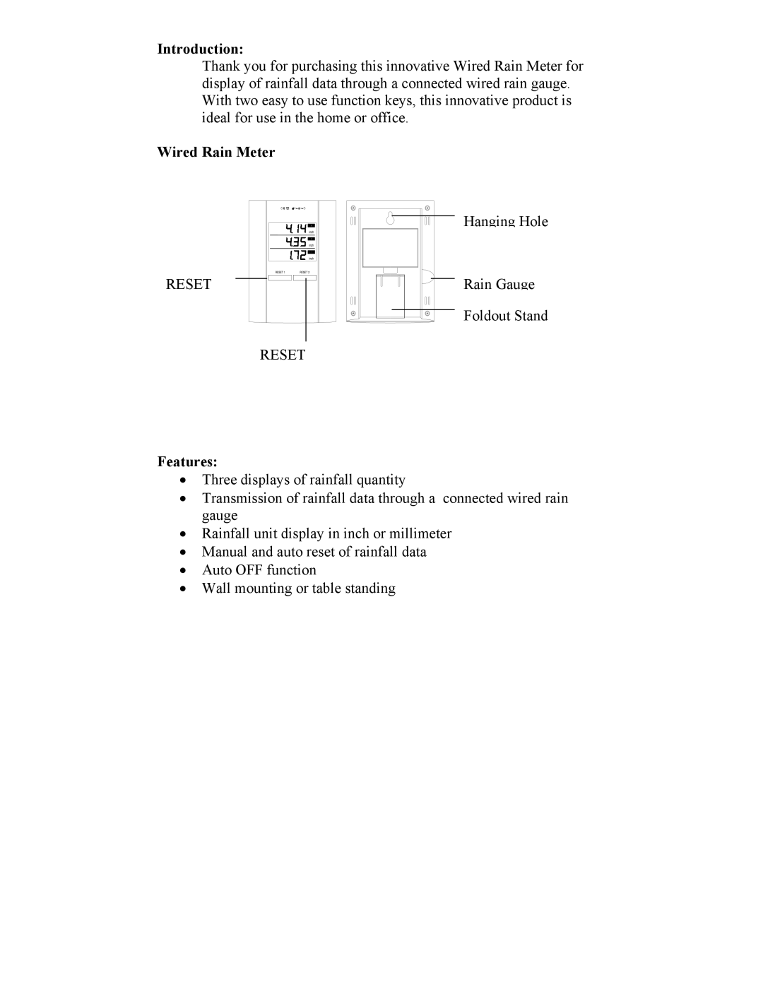 La Crosse Technology WS-7048U manual Introduction, Wired Rain Meter, Features 