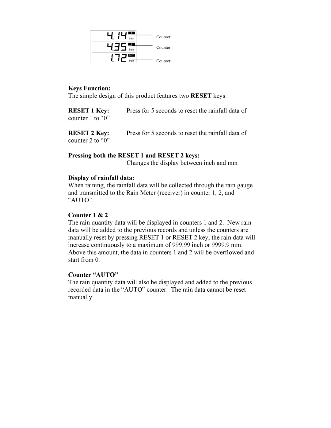 La Crosse Technology WS-7048U manual Keys Function, Pressing both the Reset 1 and Reset 2 keys, Display of rainfall data 