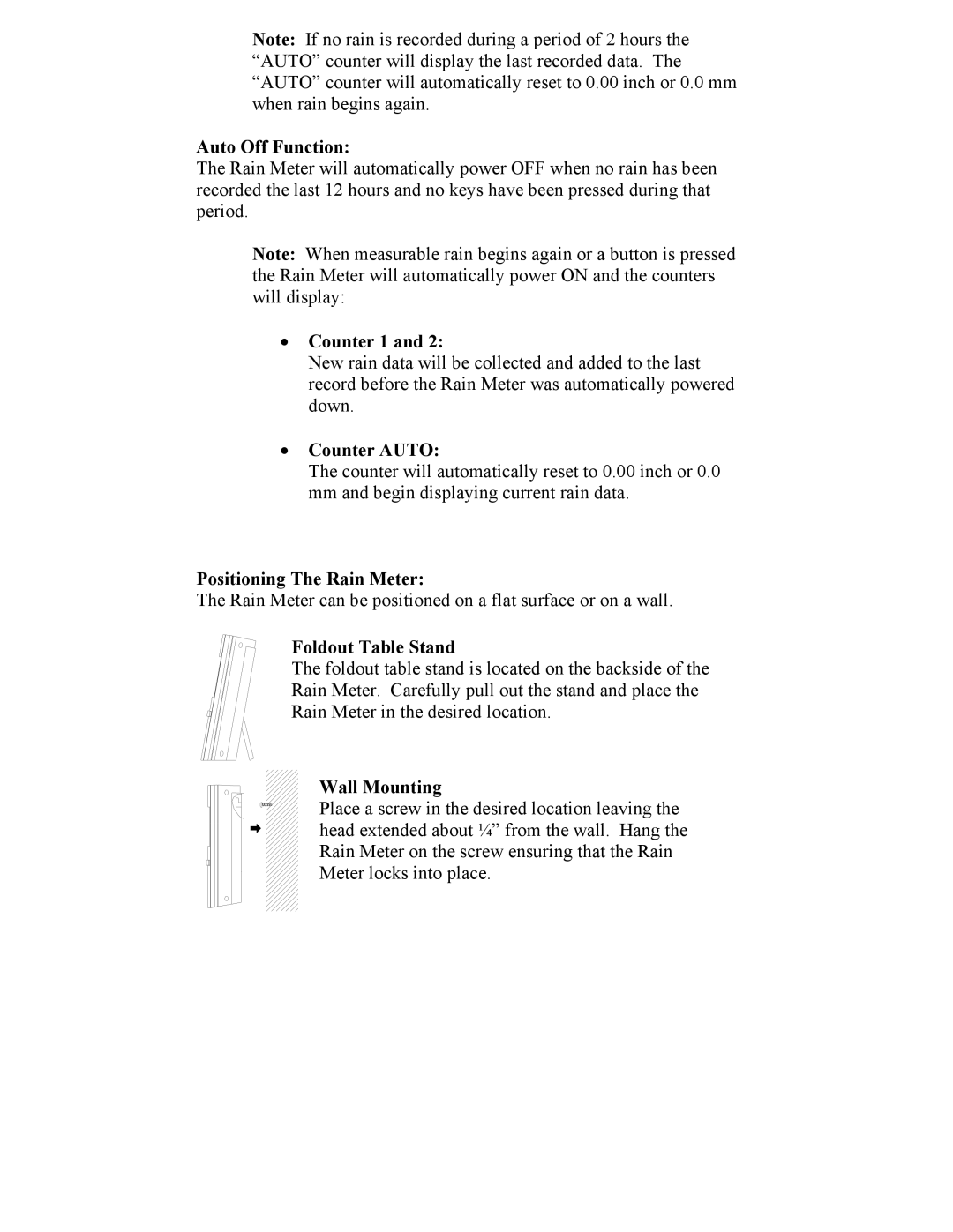 La Crosse Technology WS-7048U manual Auto Off Function, Positioning The Rain Meter, Foldout Table Stand, Wall Mounting 