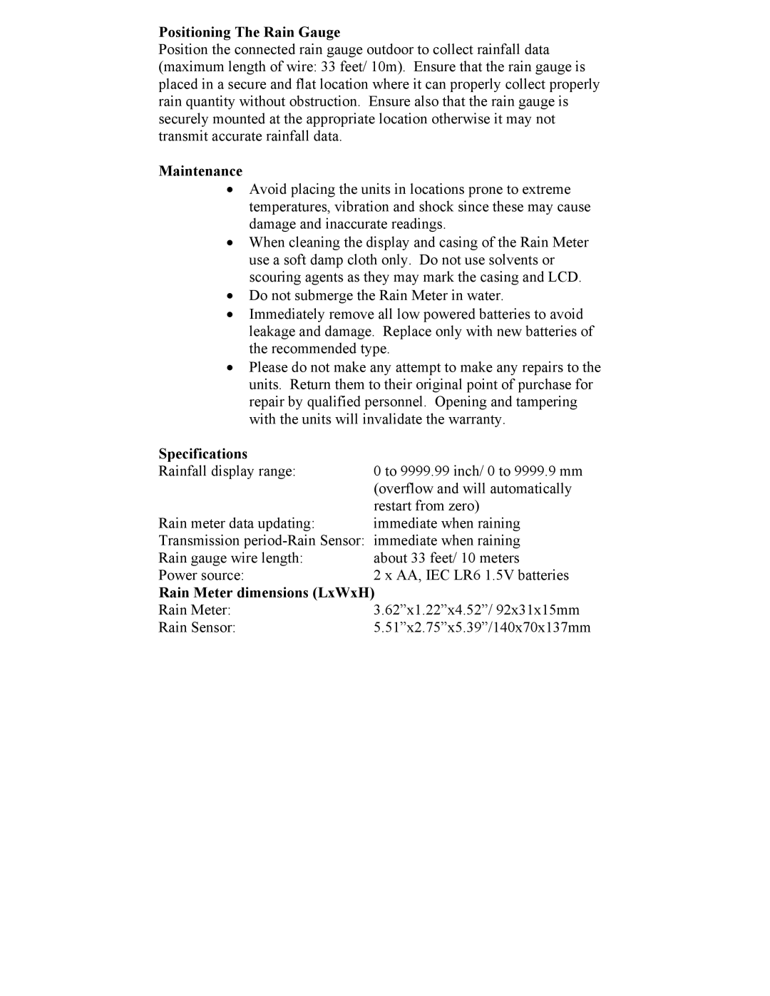 La Crosse Technology WS-7048U manual Positioning The Rain Gauge, Maintenance, Specifications, Rain Meter dimensions LxWxH 