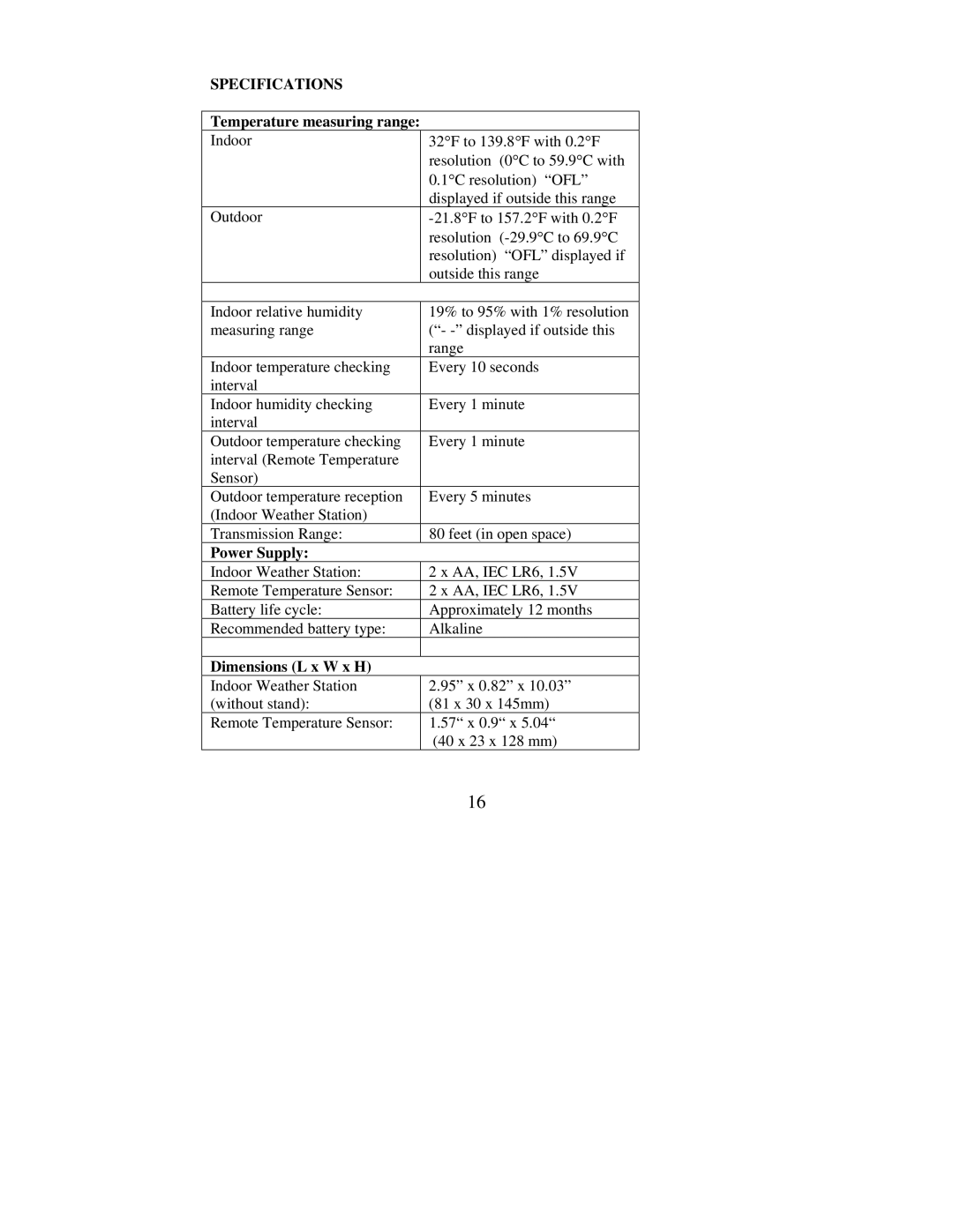 La Crosse Technology WS-7049U Specifications, Temperature measuring range, Power Supply, Dimensions L x W x H 