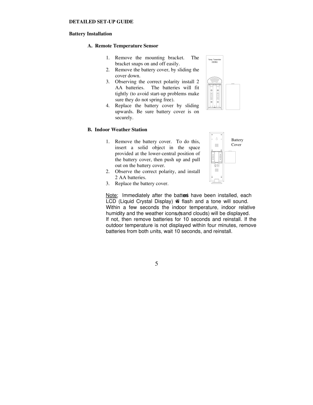 La Crosse Technology WS-7049U instruction manual Detailed SET-UP Guide, Battery Installation Remote Temperature Sensor 