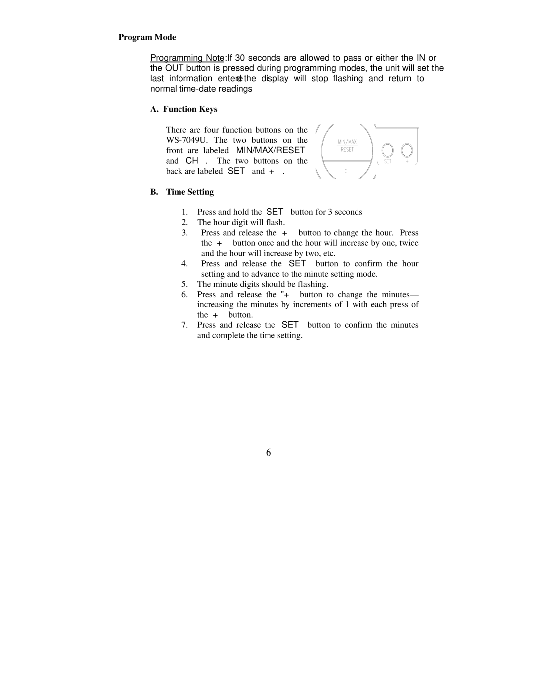 La Crosse Technology WS-7049U instruction manual Program Mode, Function Keys, Time Setting 