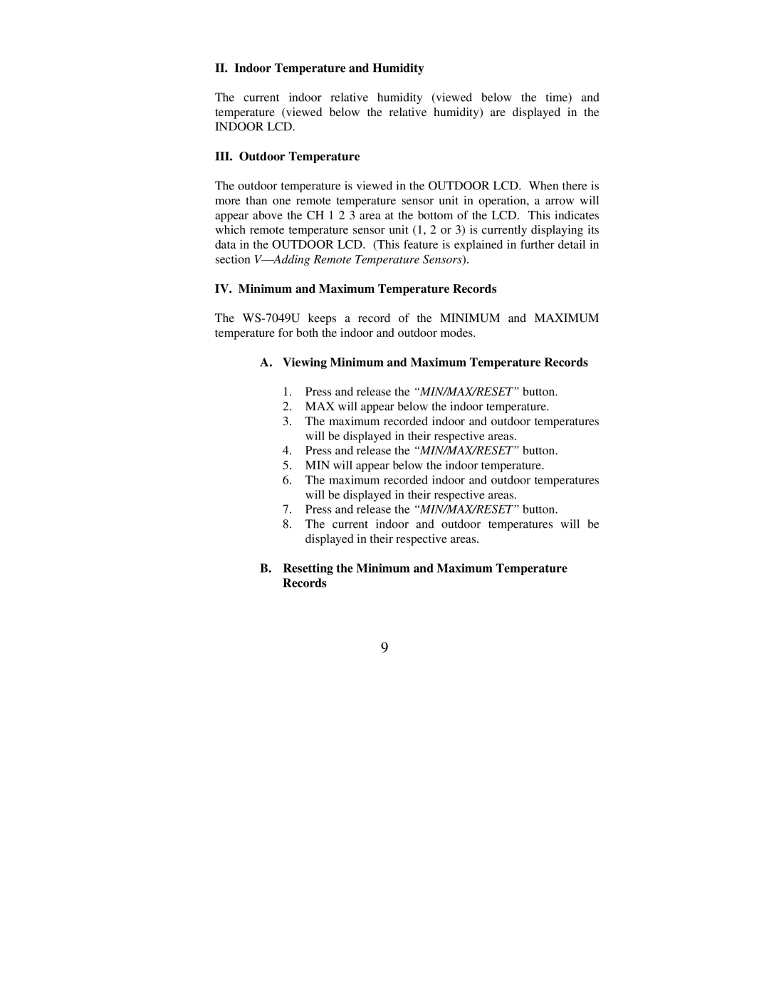 La Crosse Technology WS-7049U instruction manual II. Indoor Temperature and Humidity, III. Outdoor Temperature 