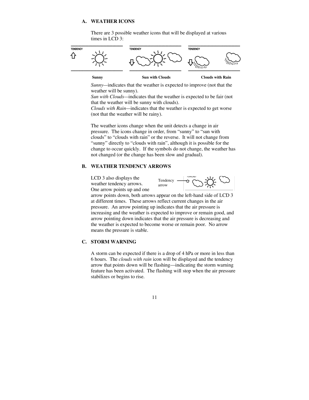 La Crosse Technology WS-7058U instruction manual Weather Icons, Weather Tendency Arrows, Storm Warning 