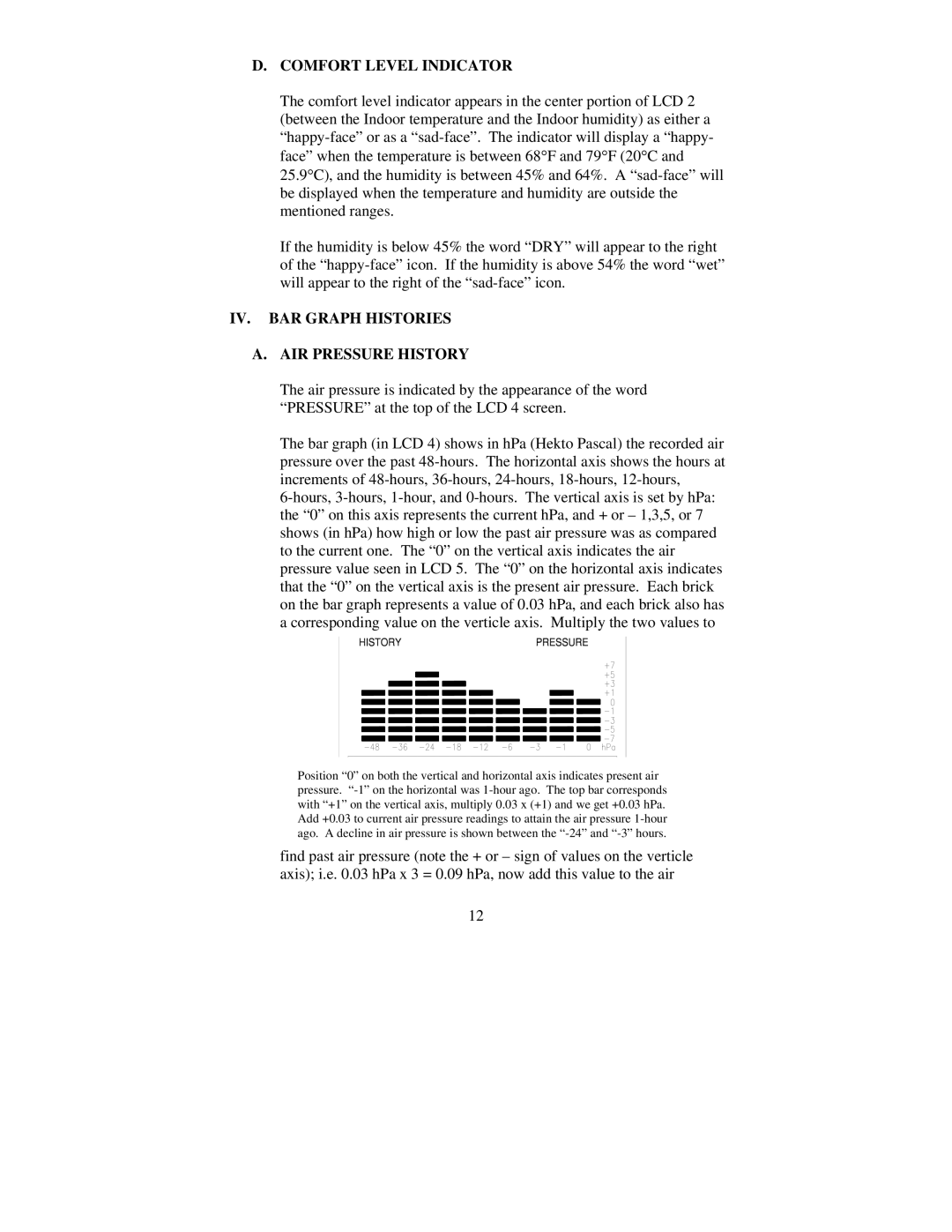 La Crosse Technology WS-7058U instruction manual Comfort Level Indicator, IV. BAR Graph Histories AIR Pressure History 