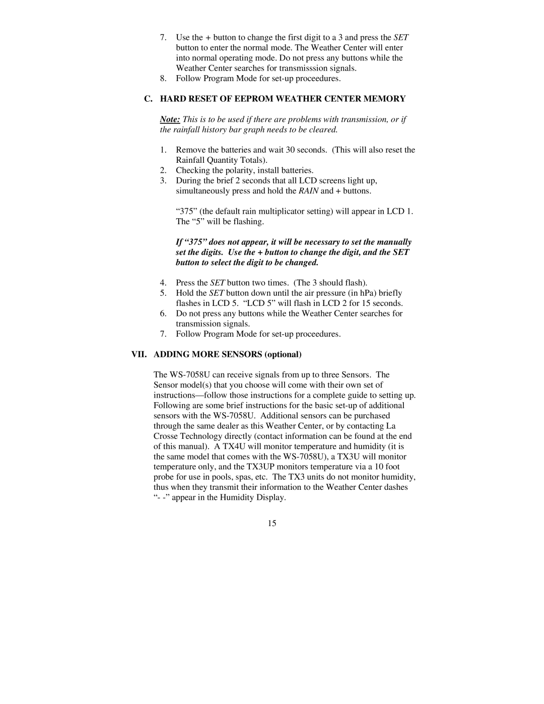 La Crosse Technology WS-7058U Hard Reset of Eeprom Weather Center Memory, VII. Adding More Sensors optional 
