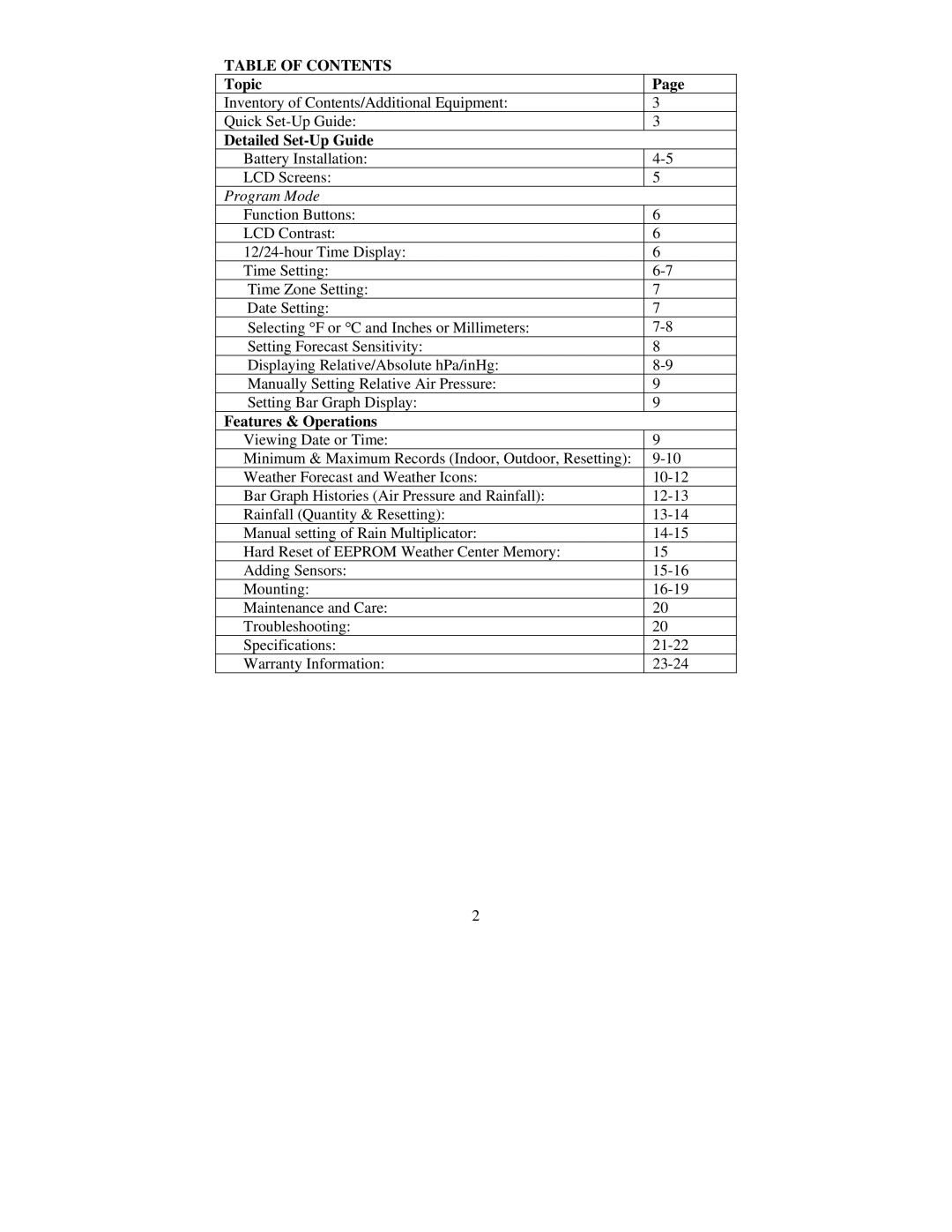 La Crosse Technology WS-7058U instruction manual Table of Contents 