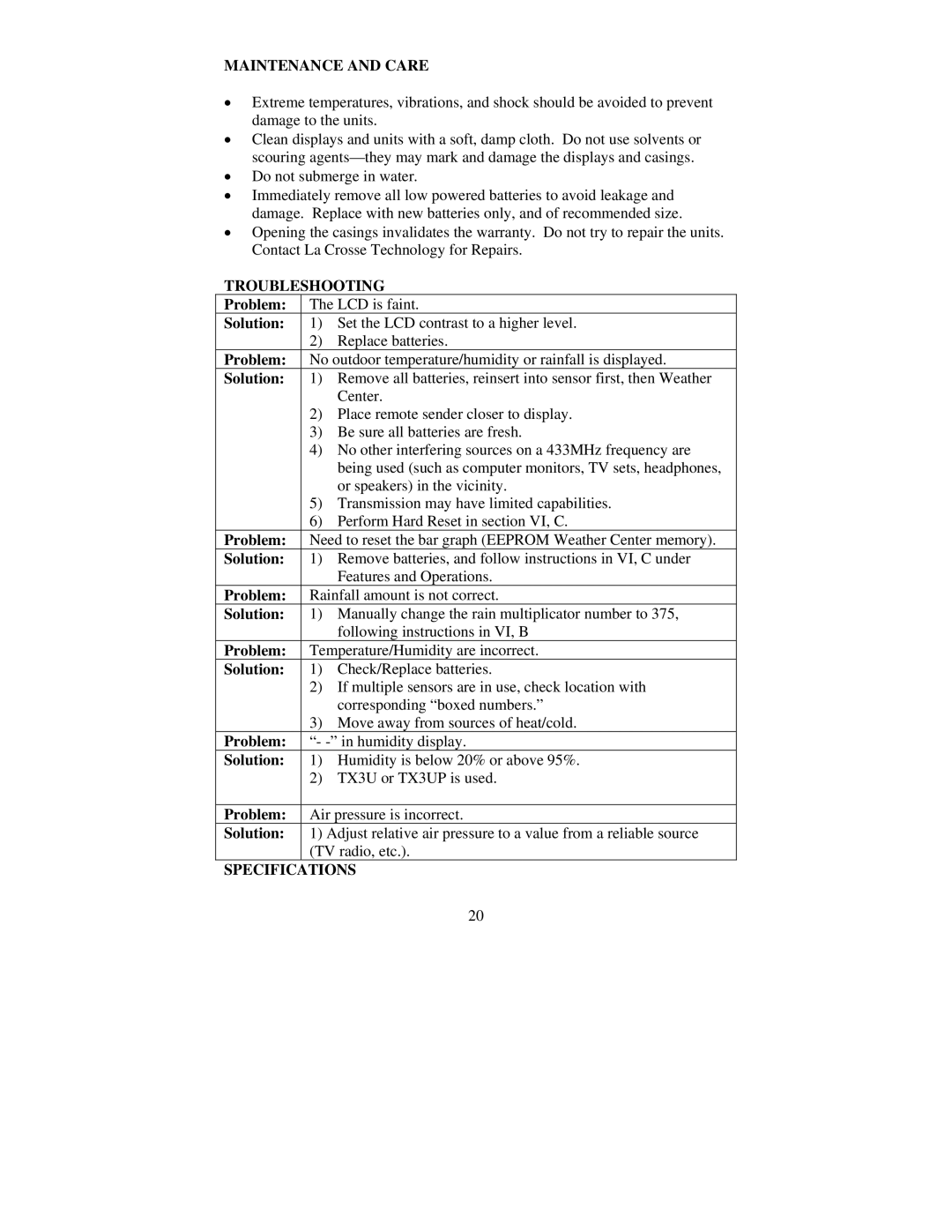 La Crosse Technology WS-7058U instruction manual Maintenance and Care, Troubleshooting, Problem, Solution, Specifications 