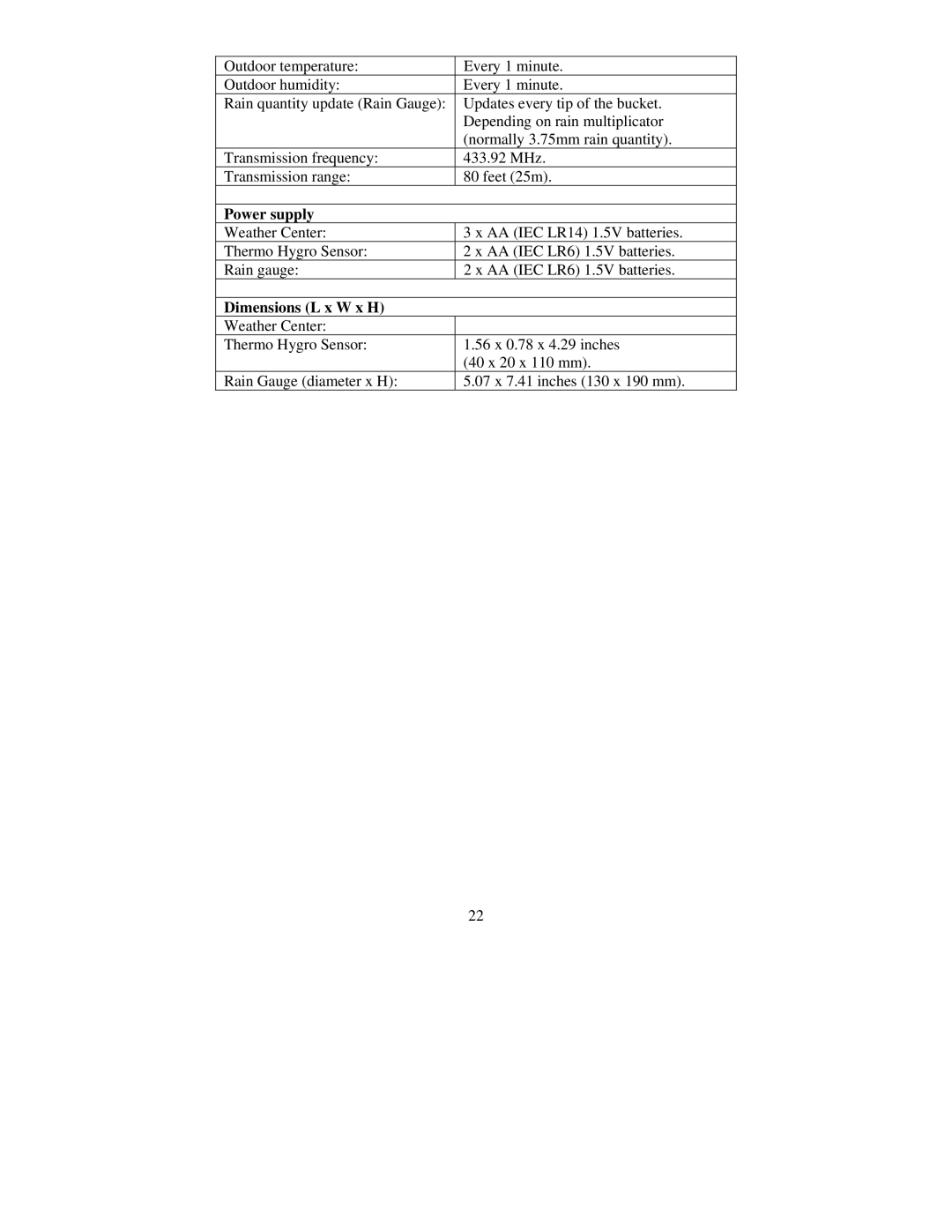 La Crosse Technology WS-7058U instruction manual Power supply, Dimensions L x W x H 