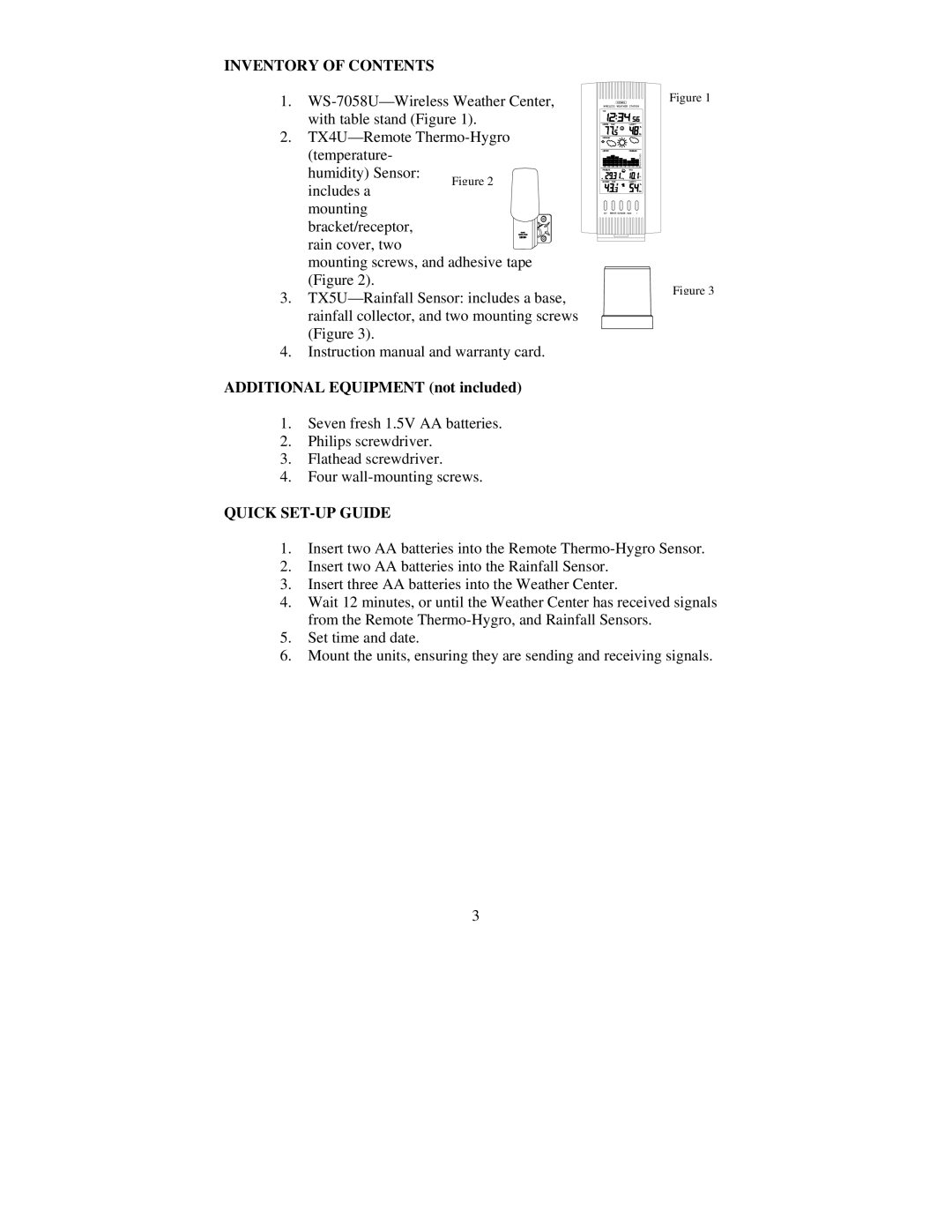 La Crosse Technology WS-7058U instruction manual Inventory of Contents, Quick SET-UP Guide 