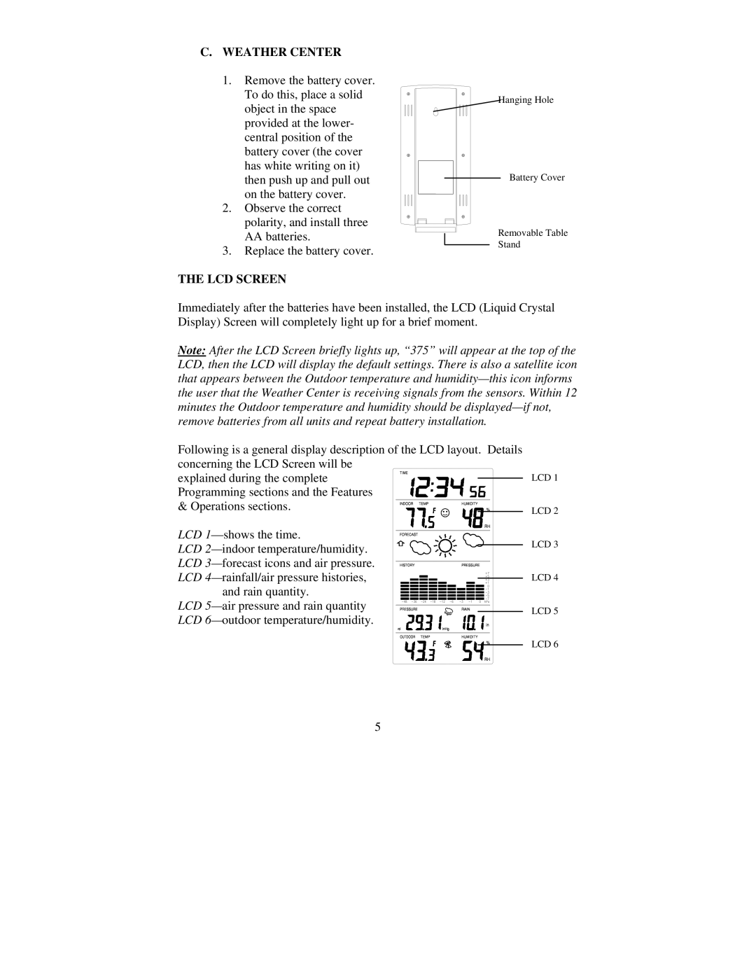 La Crosse Technology WS-7058U instruction manual Weather Center, LCD Screen 