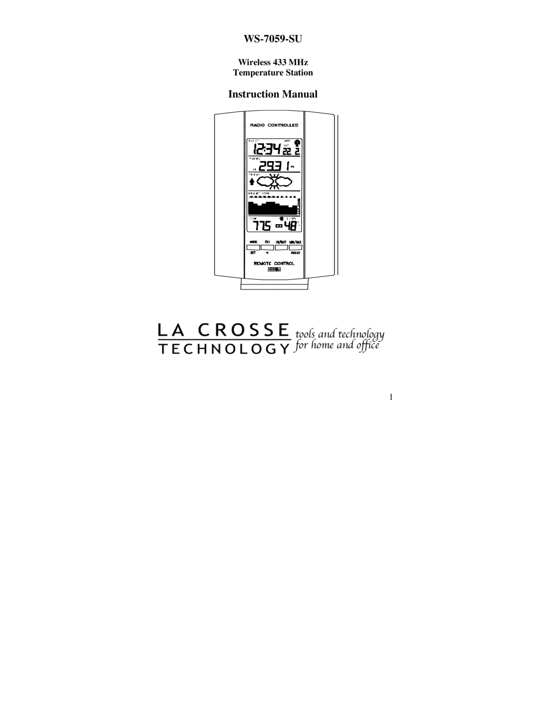 La Crosse Technology WS-7059-SU instruction manual Wireless 433 MHz Temperature Station 