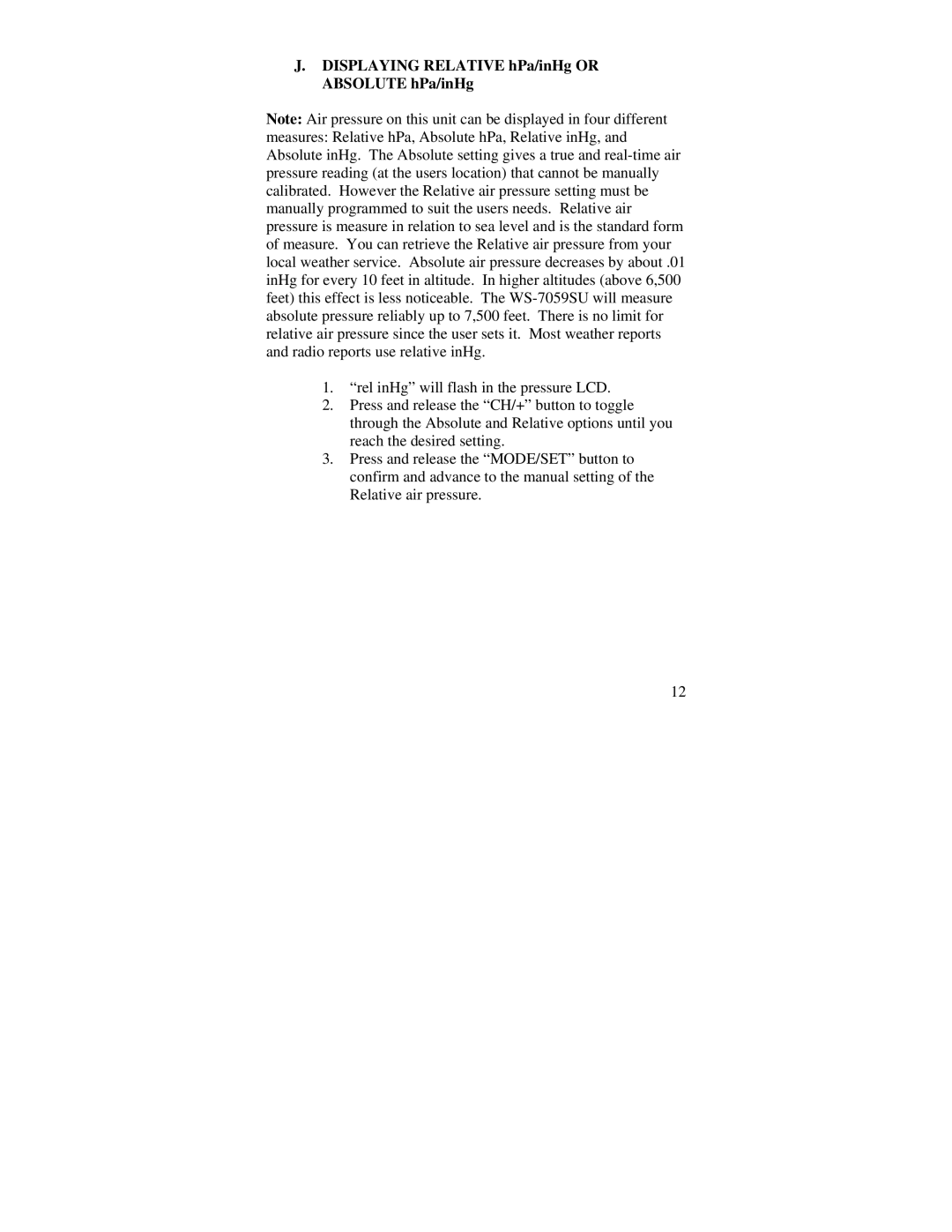 La Crosse Technology WS-7059-SU instruction manual Displaying Relative hPa/inHg or Absolute hPa/inHg 