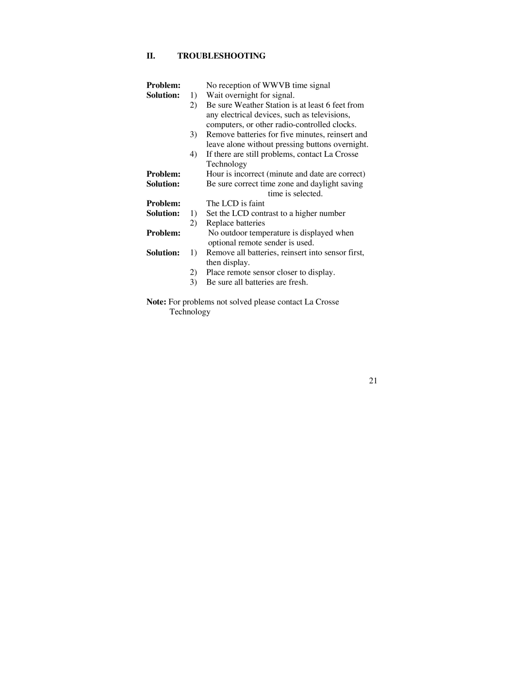 La Crosse Technology WS-7059-SU instruction manual II. Troubleshooting, Problem, Solution 