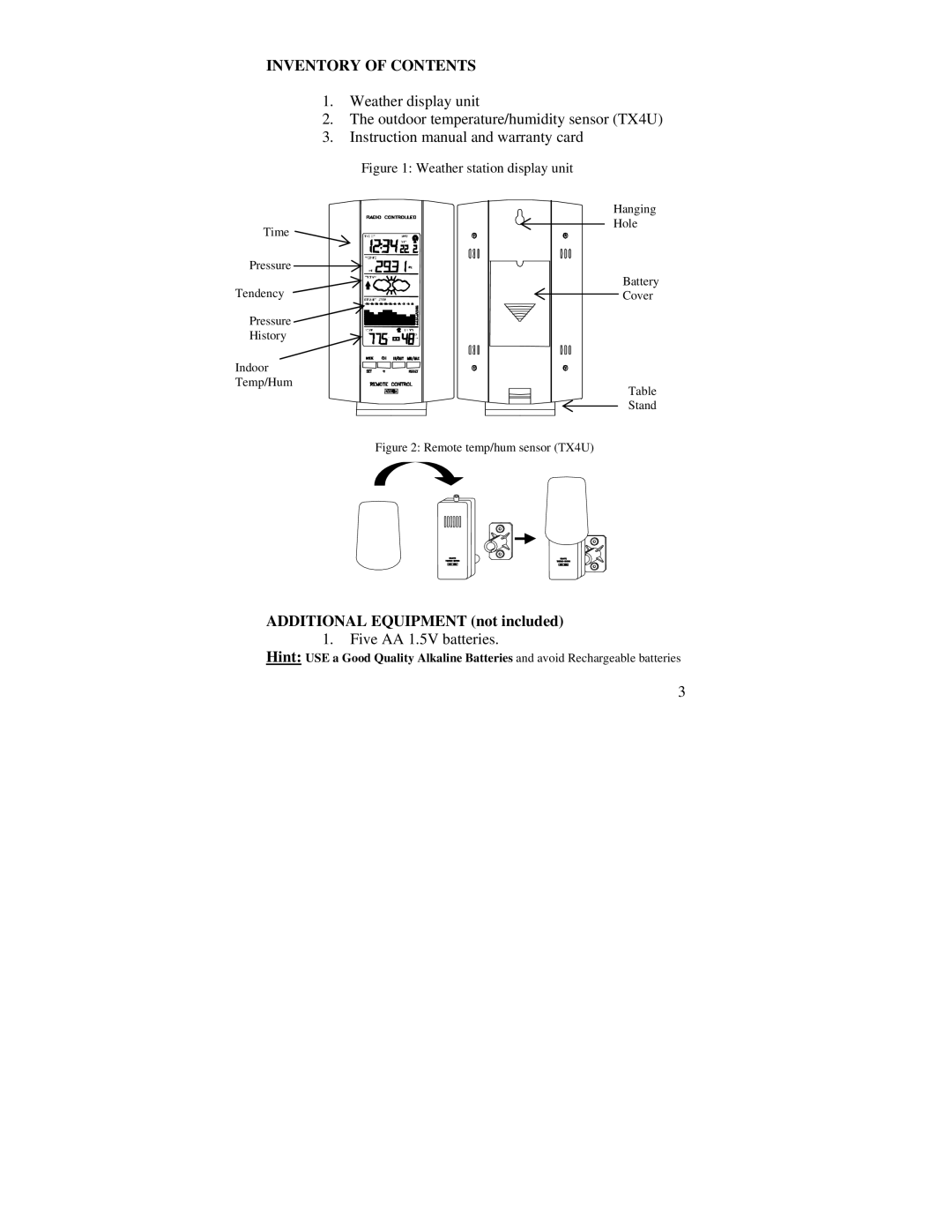 La Crosse Technology WS-7059-SU instruction manual Inventory of Contents 