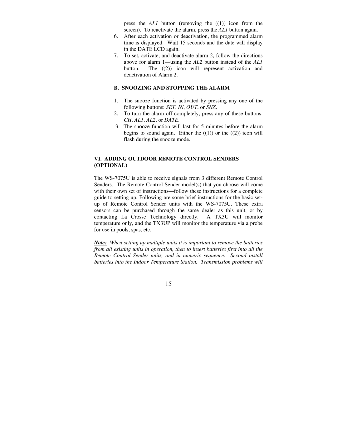 La Crosse Technology WS-7075U Snoozing and Stopping the Alarm, VI. Adding Outdoor Remote Control Senders Optional 