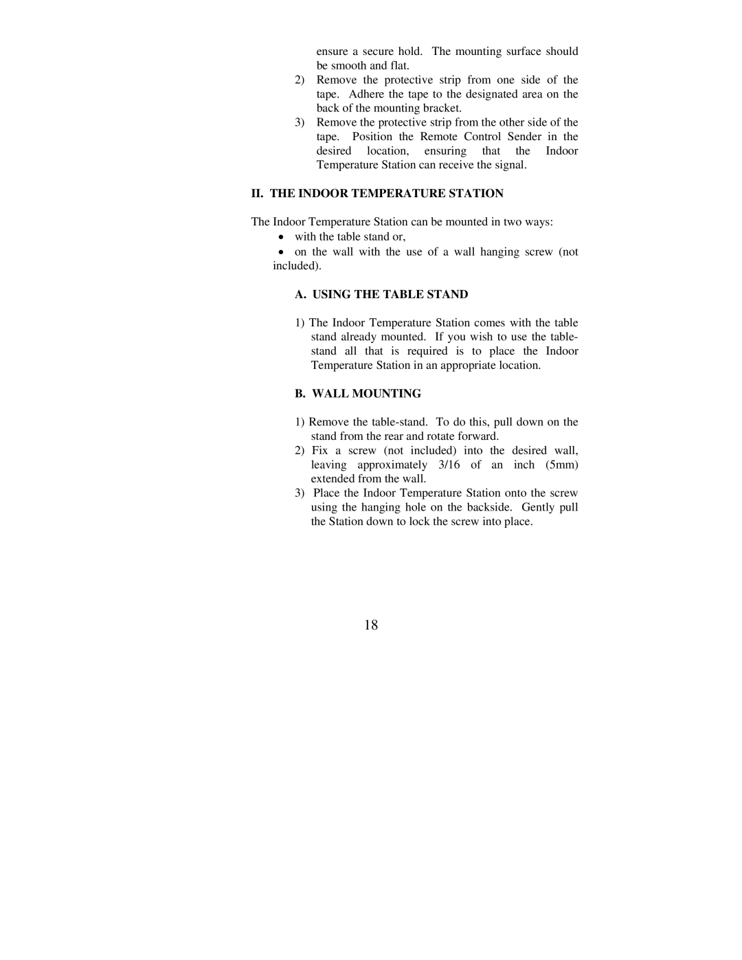 La Crosse Technology WS-7075U instruction manual II. the Indoor Temperature Station, Using the Table Stand, Wall Mounting 