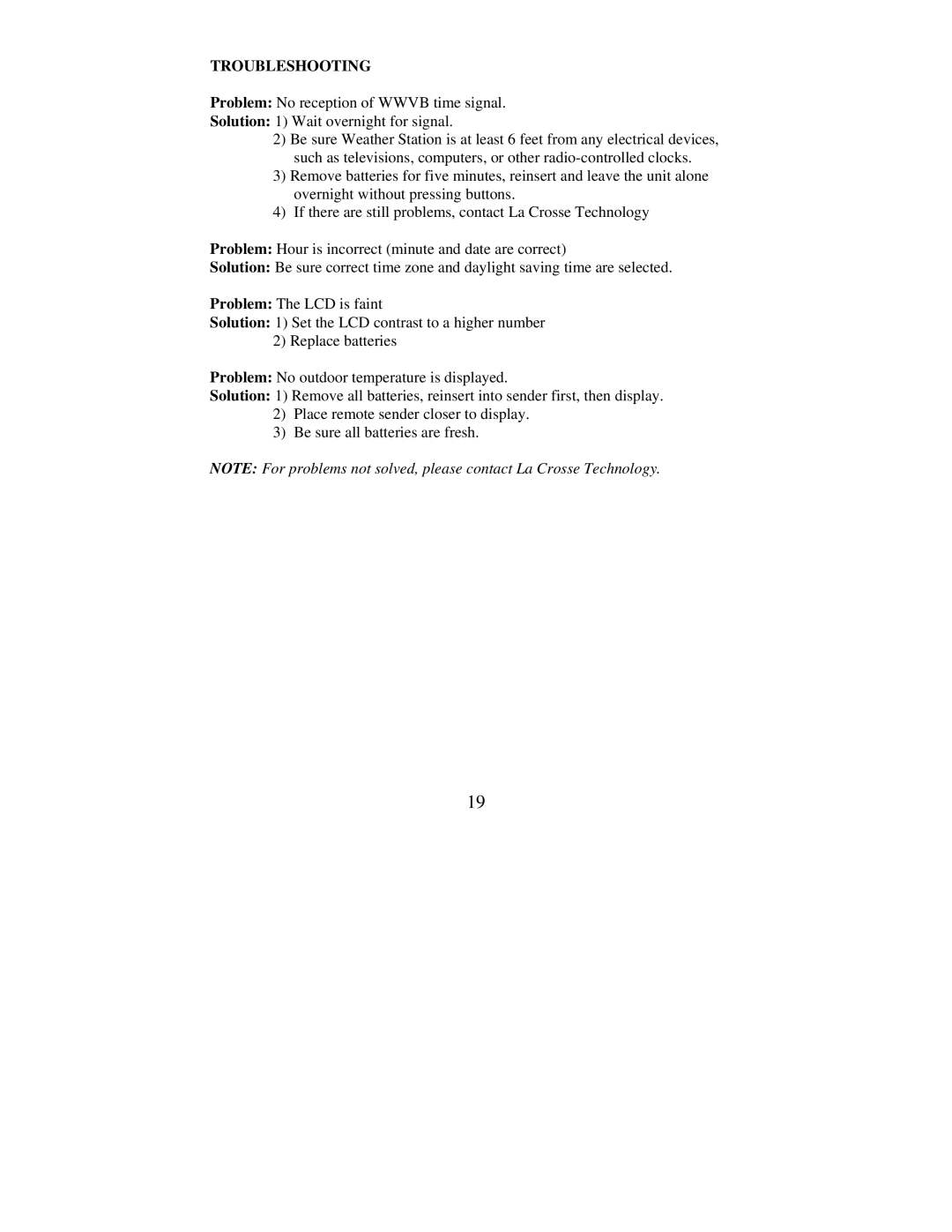 La Crosse Technology WS-7075U instruction manual Troubleshooting 