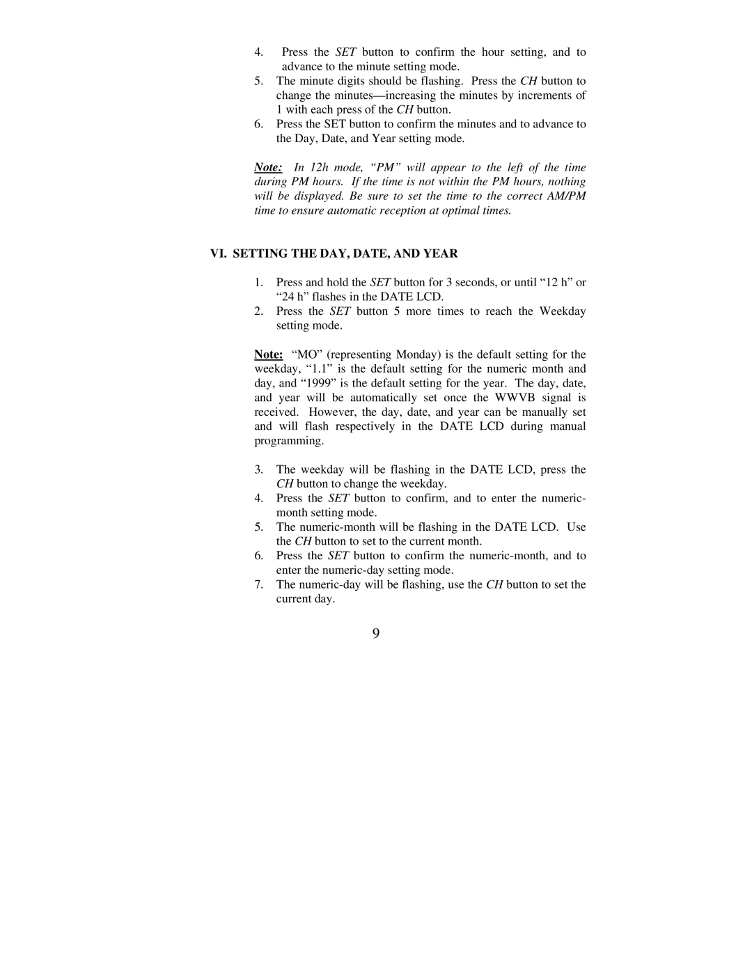 La Crosse Technology WS-7075U instruction manual VI. Setting the DAY, DATE, and Year 