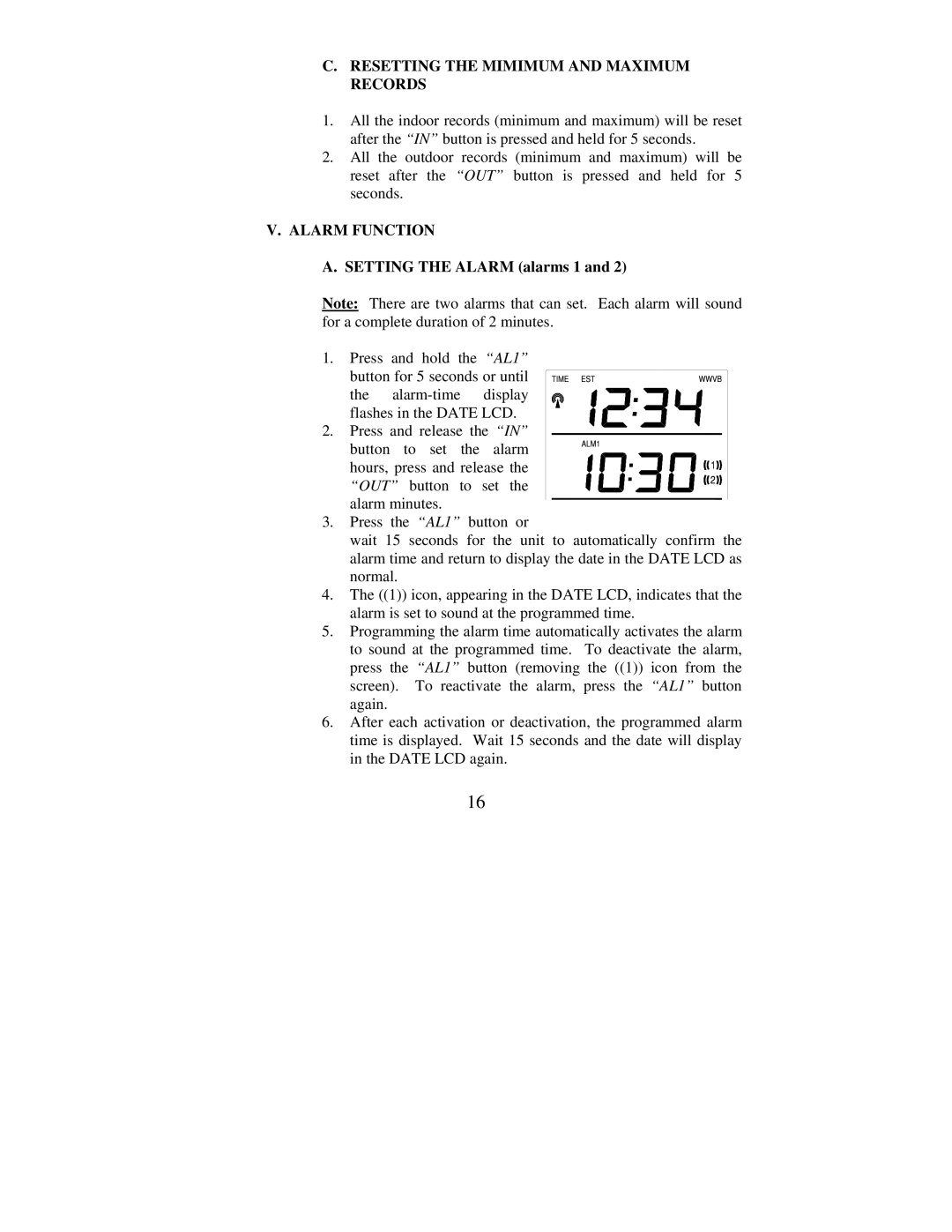 La Crosse Technology WS-7076U Resetting the Mimimum and Maximum Records, Alarm Function, Setting the Alarm alarms 1 