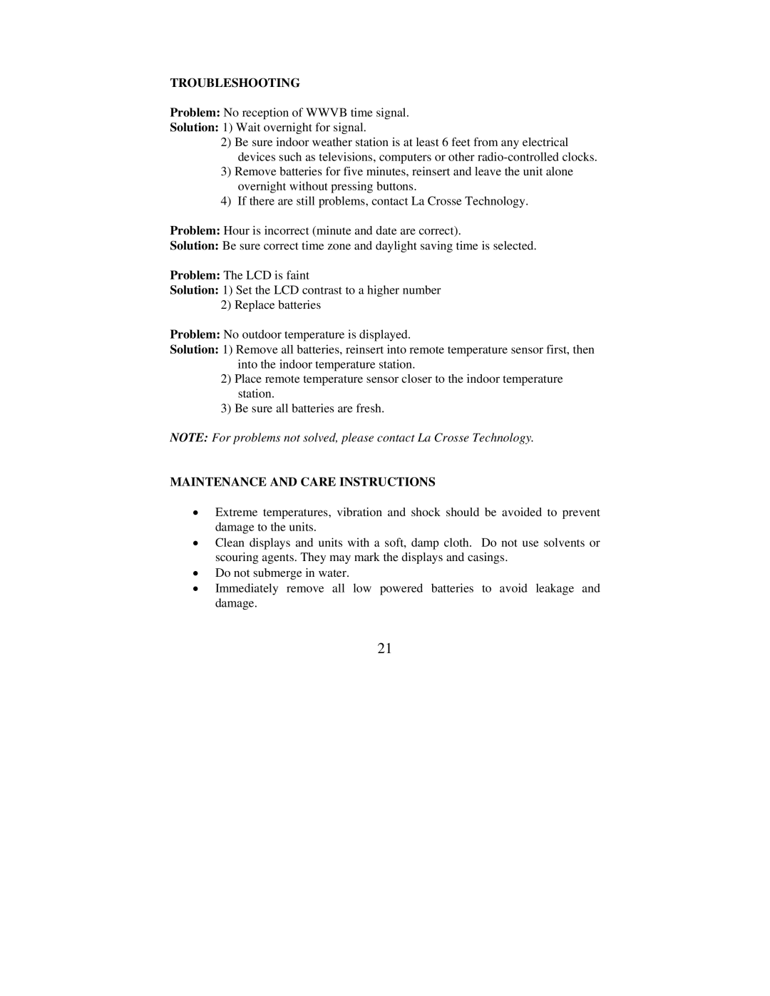 La Crosse Technology WS-7076U instruction manual Troubleshooting, Maintenance and Care Instructions 