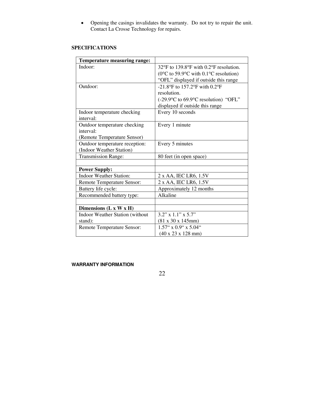 La Crosse Technology WS-7076U Specifications, Temperature measuring range, Power Supply, Dimensions L x W x H 