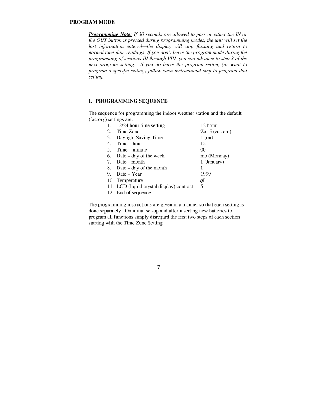 La Crosse Technology WS-7076U instruction manual Program Mode, Programming Sequence 