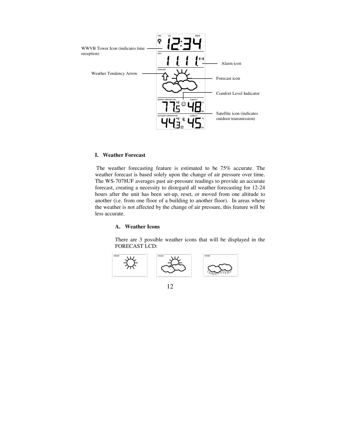 La Crosse Technology WS-7078TWC instruction manual Weather Forecast, Weather Icons 