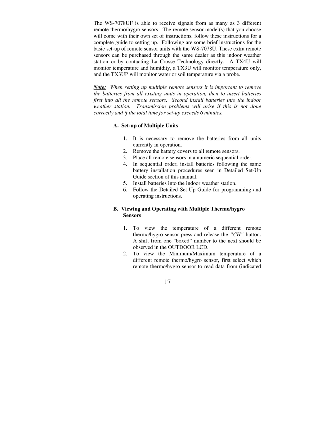 La Crosse Technology WS-7078TWC Set-up of Multiple Units, Viewing and Operating with Multiple Thermo/hygro Sensors 