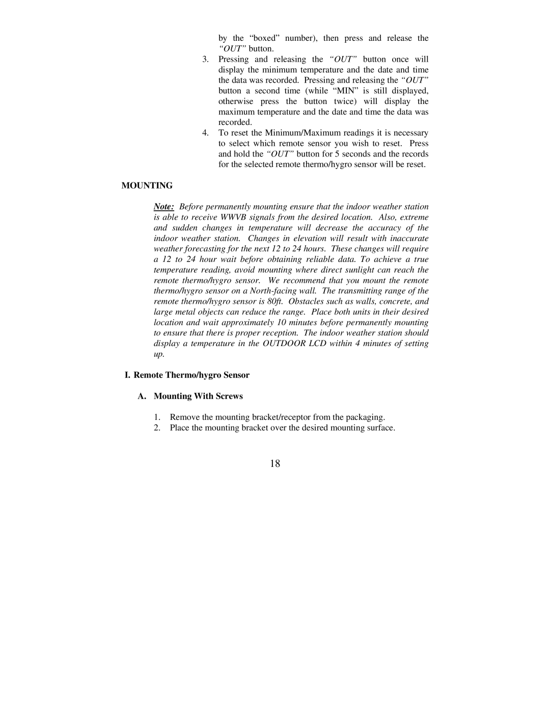 La Crosse Technology WS-7078TWC instruction manual Remote Thermo/hygro Sensor A. Mounting With Screws 