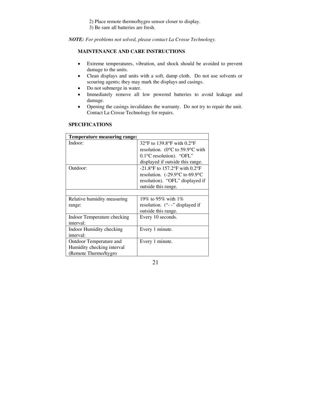 La Crosse Technology WS-7078TWC Maintenance and Care Instructions, Specifications, Temperature measuring range 