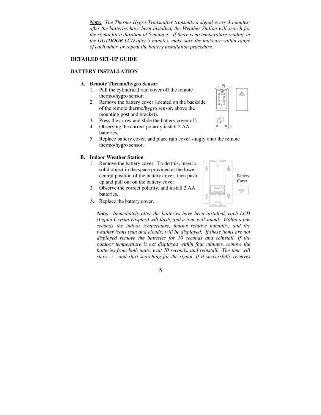 La Crosse Technology WS-7078TWC instruction manual Detailed SET-UP Guide Battery Installation, Remote Thermo/hygro Sensor 