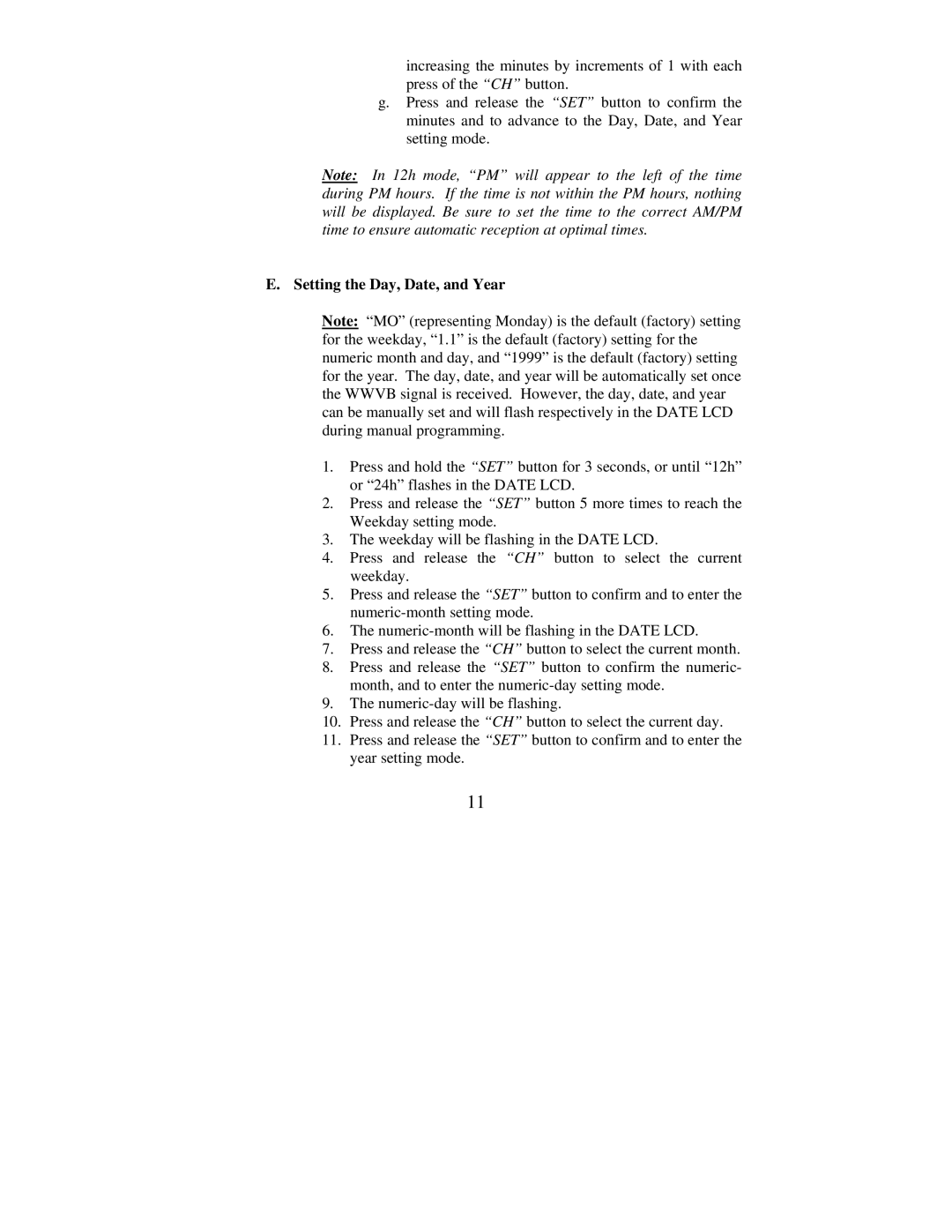 La Crosse Technology WS-7078UF instruction manual Setting the Day, Date, and Year 