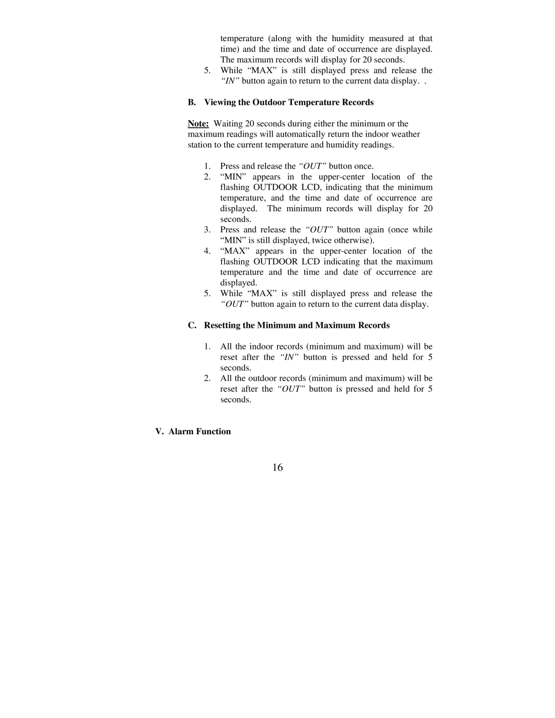 La Crosse Technology WS-7078UF Viewing the Outdoor Temperature Records, Resetting the Minimum and Maximum Records 