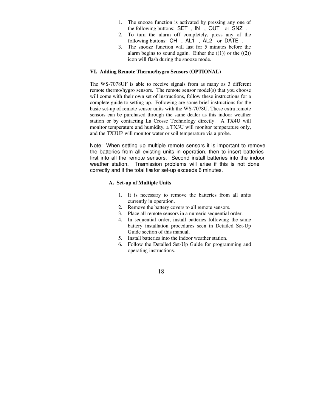 La Crosse Technology WS-7078UF instruction manual VI. Adding Remote Thermo/hygro Sensors Optional, Set-up of Multiple Units 