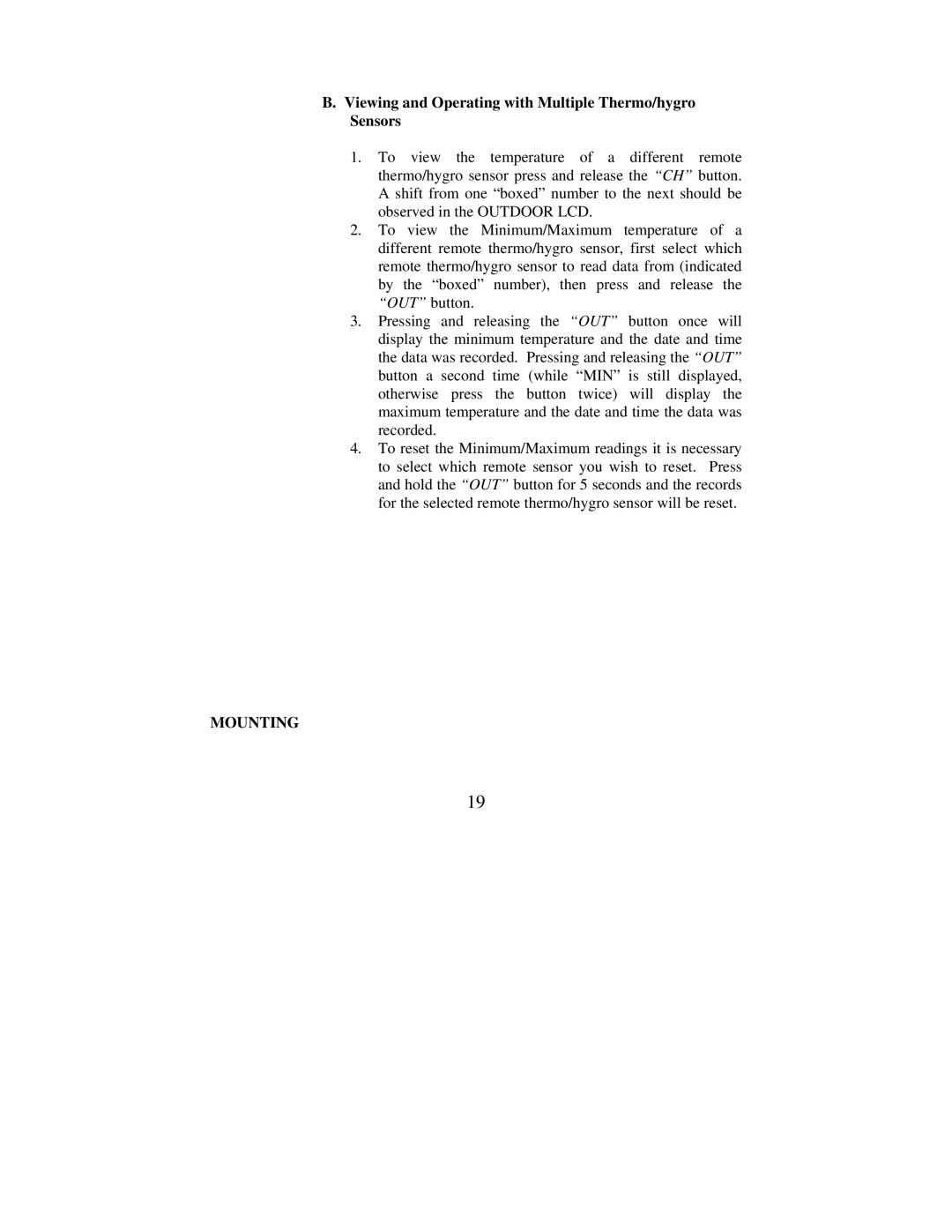 La Crosse Technology WS-7078UF instruction manual Viewing and Operating with Multiple Thermo/hygro Sensors, Mounting 