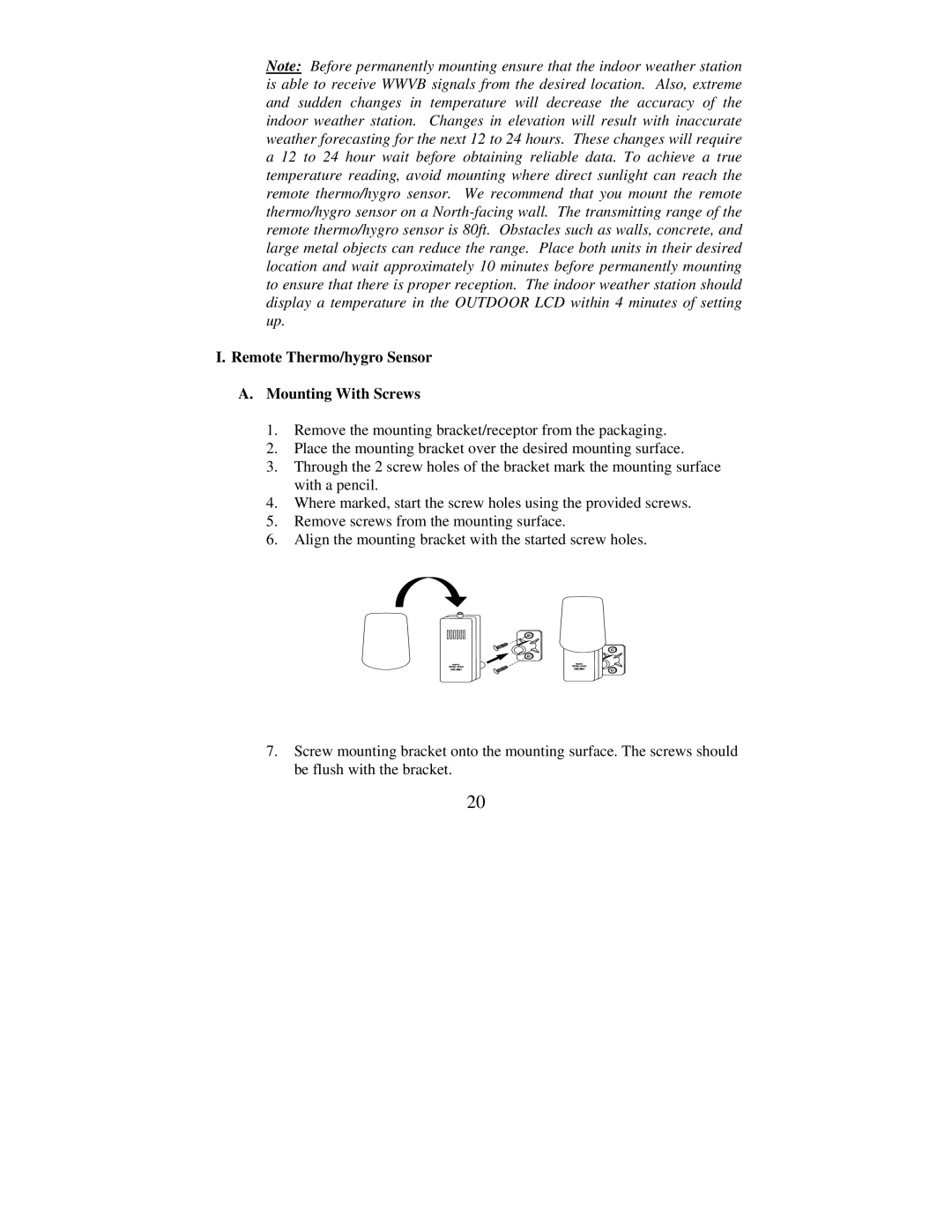 La Crosse Technology WS-7078UF instruction manual Remote Thermo/hygro Sensor A. Mounting With Screws 