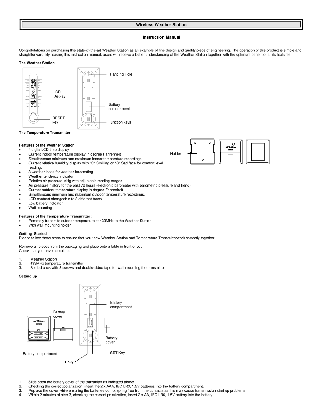 La Crosse Technology WS-7091UD instruction manual Temperature Transmitter Features of the Weather Station, Setting up 