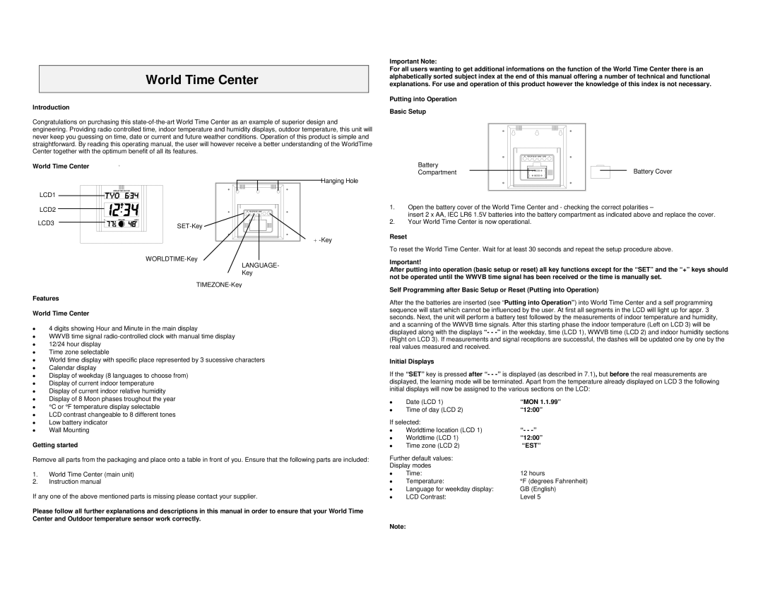 La Crosse Technology WS-7092U instruction manual Introduction, Features World Time Center, Getting started, Reset, Mon 