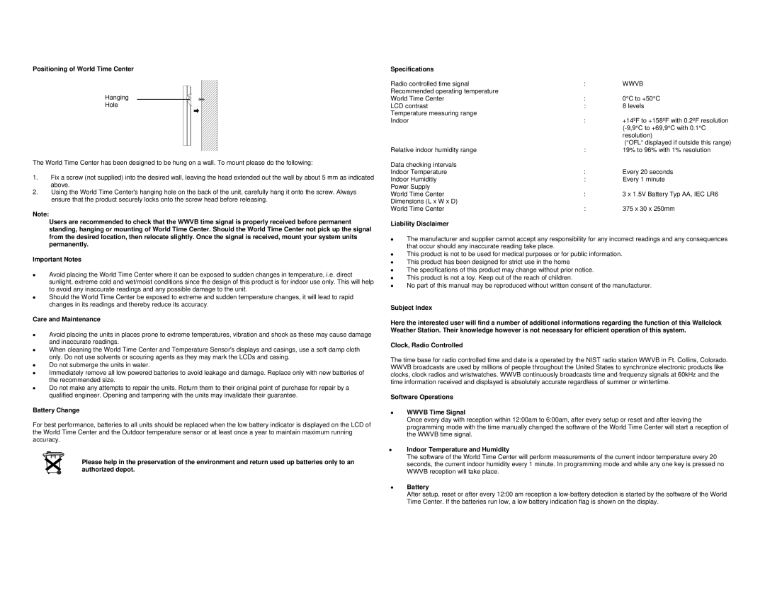 La Crosse Technology WS-7092U Positioning of World Time Center, Care and Maintenance, Battery Change, Liability Disclaimer 