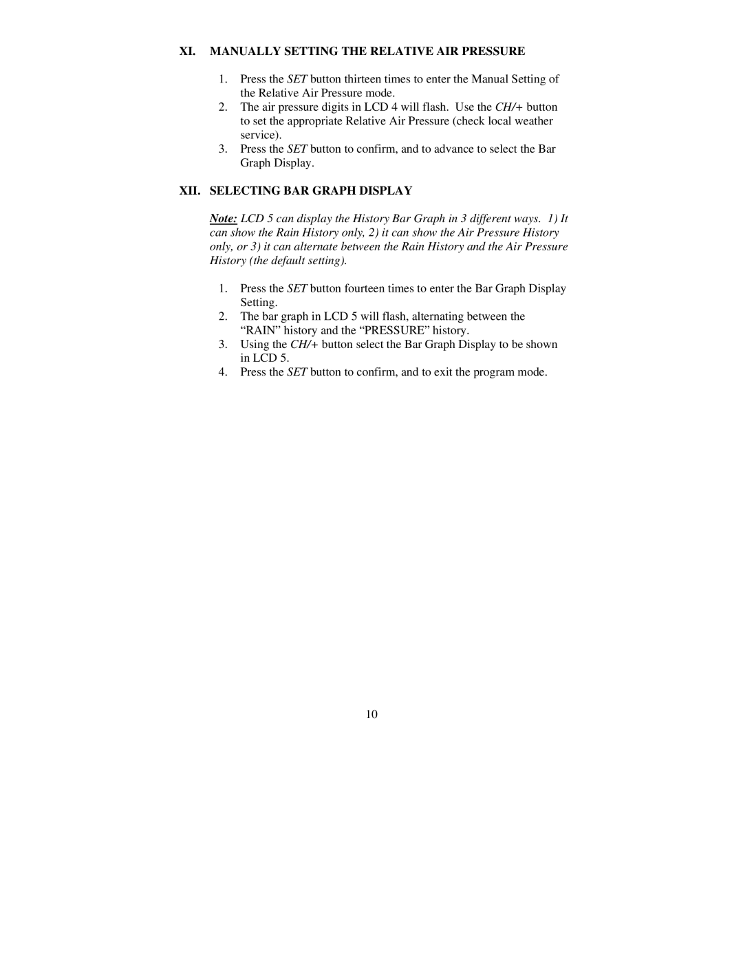La Crosse Technology TX4U, WS-7095U, TX5U XI. Manually Setting the Relative AIR Pressure, XII. Selecting BAR Graph Display 