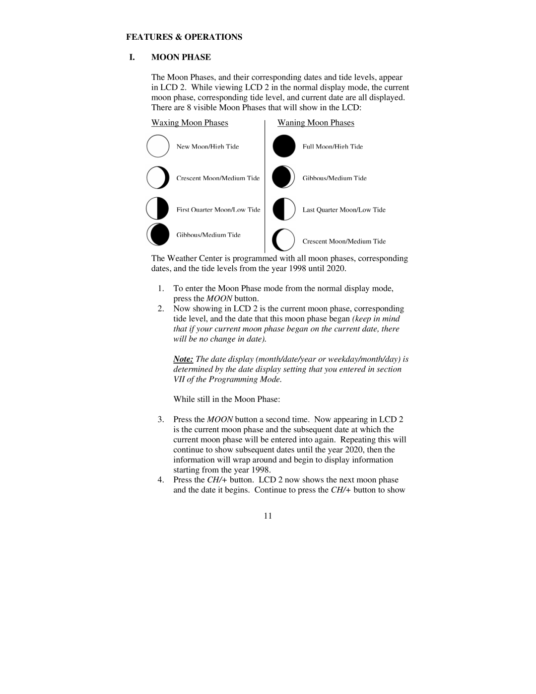 La Crosse Technology TX5U, WS-7095U, TX4U instruction manual Features & Operations Moon Phase, Waning Moon Phases 