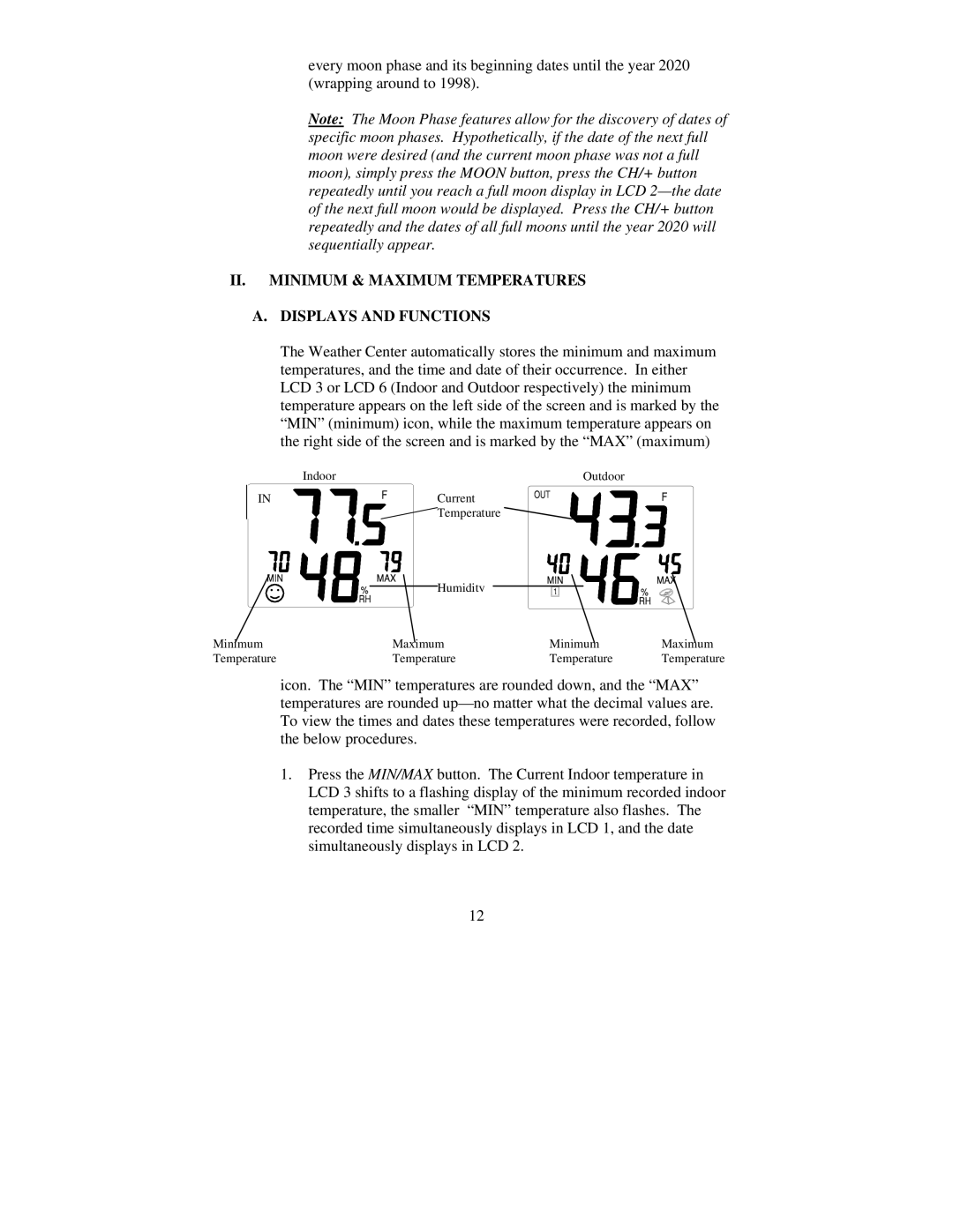 La Crosse Technology WS-7095U, TX4U, TX5U instruction manual II. Minimum & Maximum Temperatures Displays and Functions 