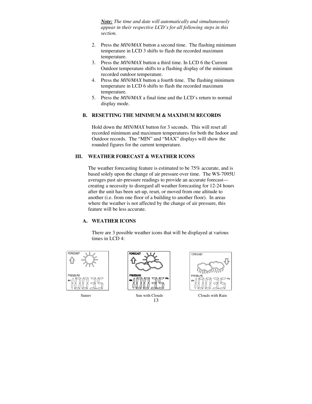 La Crosse Technology TX4U, WS-7095U, TX5U Resetting the Minimum & Maximum Records, III. Weather Forecast & Weather Icons 