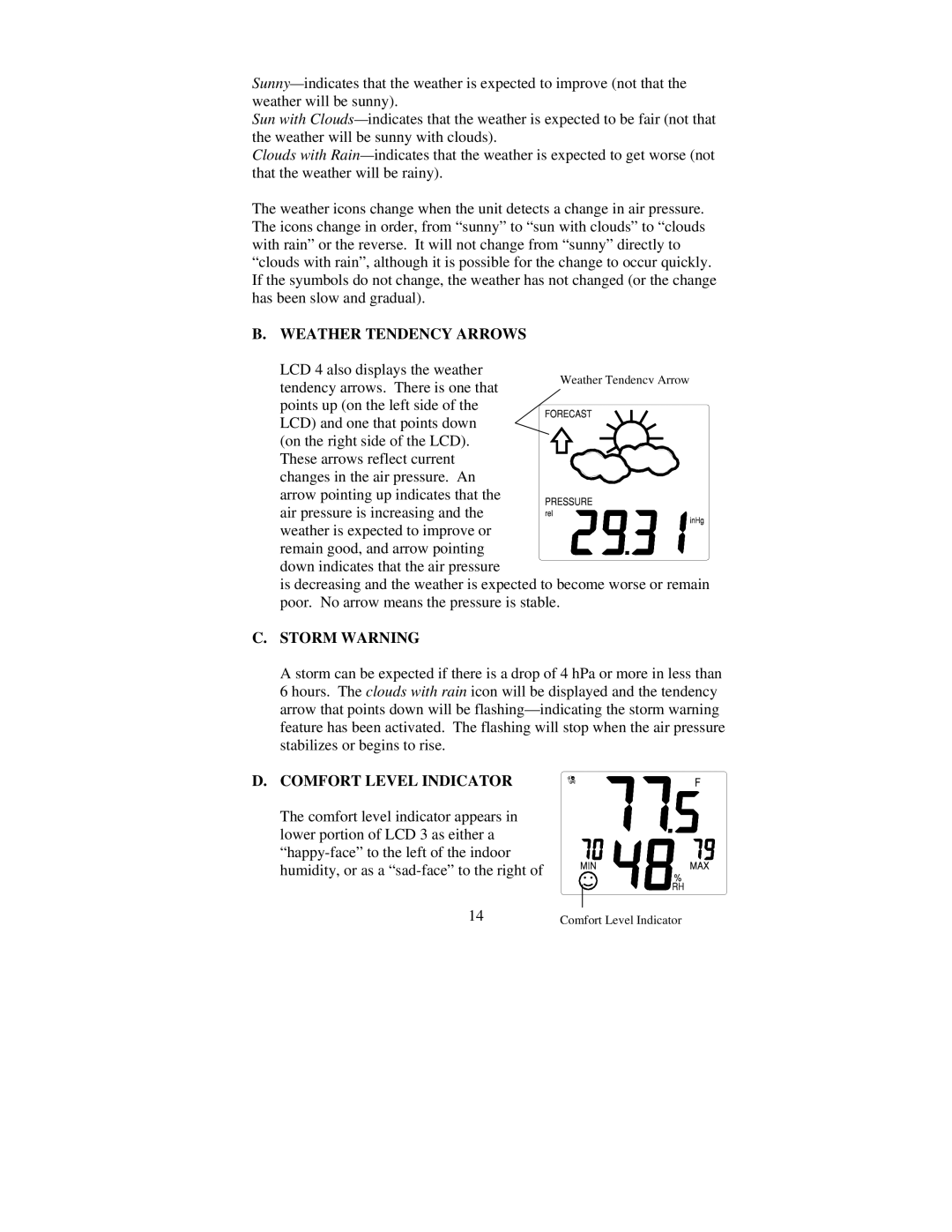 La Crosse Technology TX5U, WS-7095U, TX4U instruction manual Weather Tendency Arrows, Storm Warning, Comfort Level Indicator 